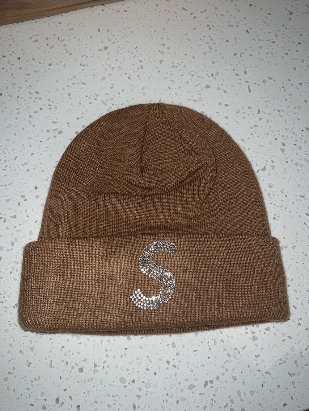 Supreme brown beanie with rhinestone S